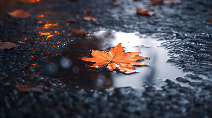 Solitary Maple Leaf in Dark Puddle Autumn's Reflection on Wet Asphalt
