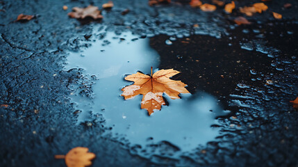 A solitary golden maple leaf floats in a dark puddle, reflecting the autumn sky on wet asphalt after a rain