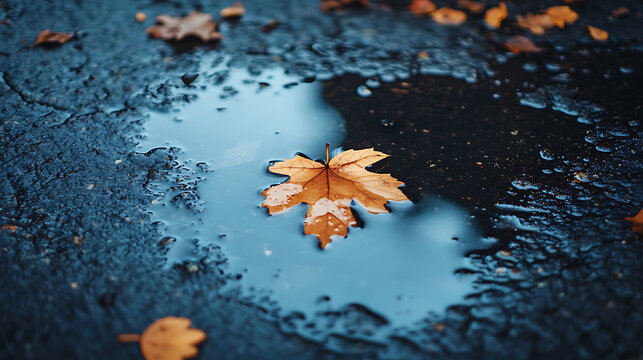 A solitary golden maple leaf floats in a dark puddle, reflecting the autumn sky on wet asphalt after a rain