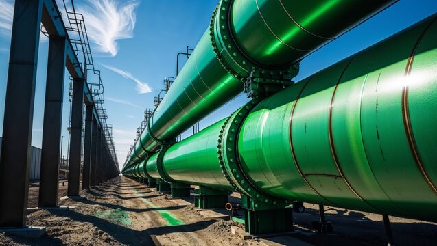 Green industrial pipes stretch into the distance against a bright blue sky