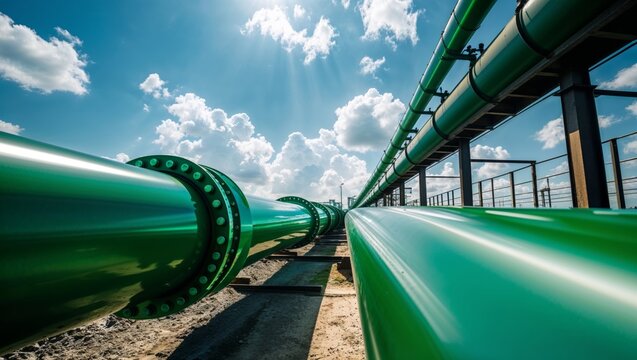 Green industrial pipes against a bright blue sky with fluffy white clouds
