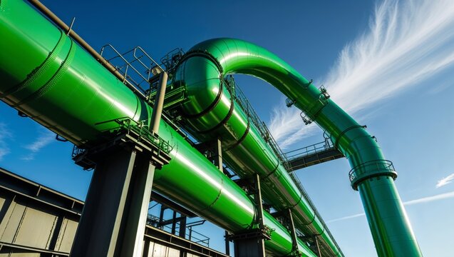 Industrial pipes against a bright blue sky with wispy clouds