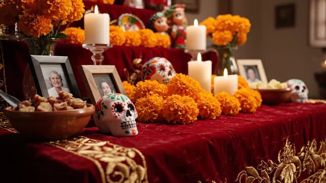 Day of the Dead altar with skull, flowers, food, and candles