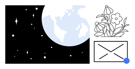Planet Earth surrounded by stars, blooming flowers, and a mail envelope with a dot. Ideal for nature, environment, communication, sustainability, creativity, messaging and ecological awareness