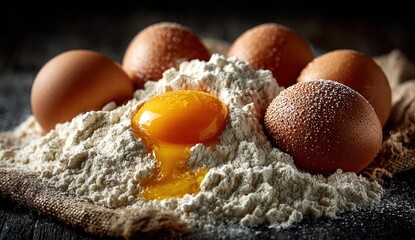 Fresh eggs surrounded by white flour for baking dough cookies or tortillas – ideal for food recipe blogs, culinary tutorials, and pastry packaging design

