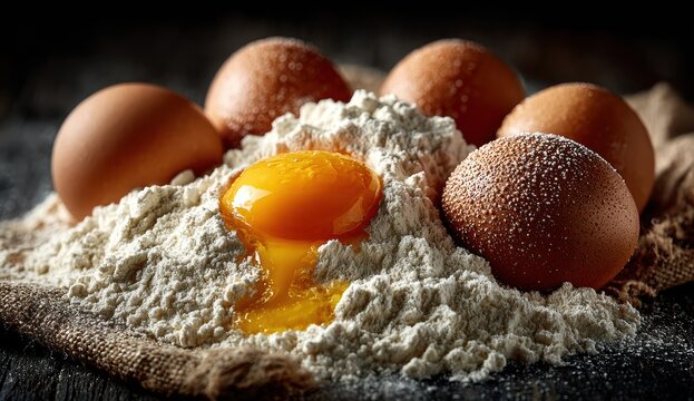 Fresh eggs surrounded by white flour for baking dough cookies or tortillas – ideal for food recipe blogs, culinary tutorials, and pastry packaging design

