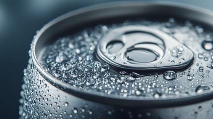 Close-up macro shot of a frosty aluminum beverage can covered in glistening water droplets, evoking a refreshing coolness and thirst-quenching sensation on a blurred background