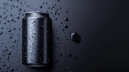 Sleek Black Can with Condensation, Reflecting Light in a Refreshing Still Life