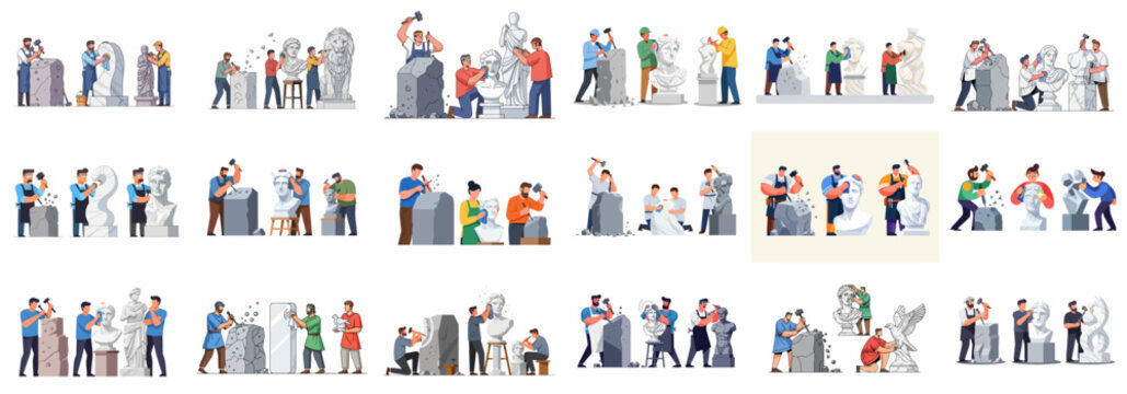 Set of vector illustrations depicting professional sculptors working on stone and marble masterpieces, including classical busts and large statues.