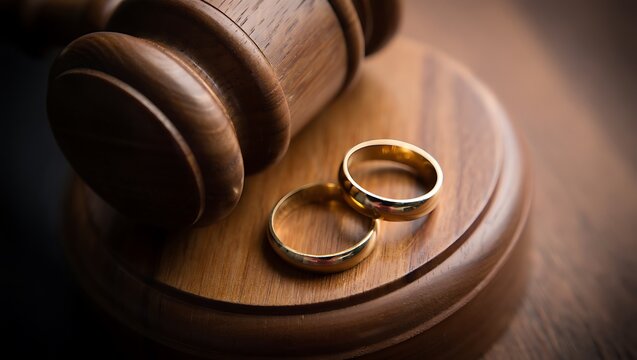 Divorce concept image with gavel and wedding rings separation symbol