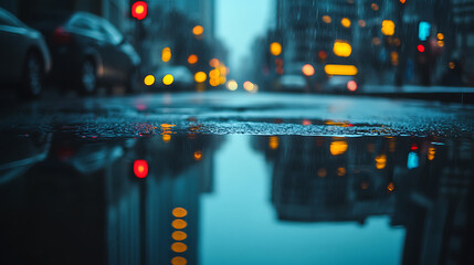 Vibrant reflections of city lights and modern architecture shimmer on a wet urban street after a rainfall, creating a captivating nocturnal cityscape