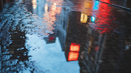 Rainy City Reflections Capturing Vibrant Street Lights in Puddles, Urban Nighttime Photography