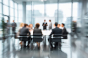 Blurred scene with executive people in a meeting in a big room.