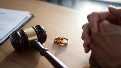 Divorce concept with wedding rings and gavel on a wooden table