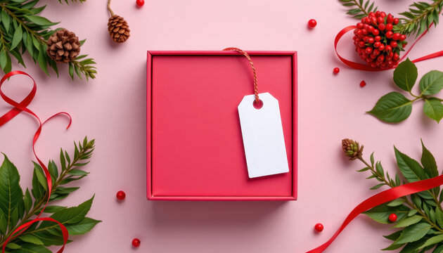 Beautifully wrapped red gift box sits on pink background, surrounded by festive greenery, pine cones, and red berries. blank tag adds personal touch, perfect for holiday gifting