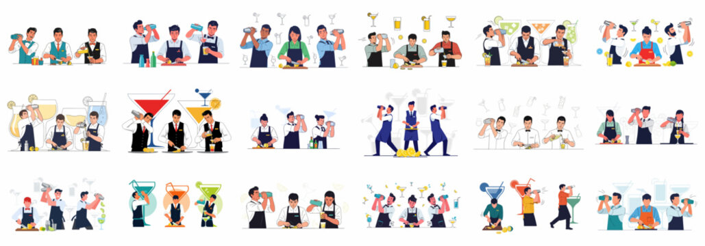 Set of vector illustrations featuring professional male and female bartenders shaking cocktail shakers, slicing citrus, and pouring drinks at a bar counter.
