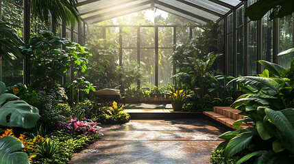 Botanical Sanctuary A Sunlit Greenhouse Oasis of Lush Plants and Serene Beauty