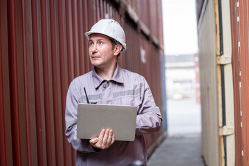 Logistics manager overseeing container operations shipping yard professional image industrial setting focused viewpoint