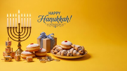 Happy Hanukkah Festive Scene With Menorah, Sufganiyot, Dreidels & Gifts Celebration Image