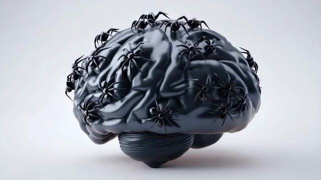 Shiny Black Brain Covered In Black Spiders Against A White Background With Soft Studio Lighting And No Faces Or Animals