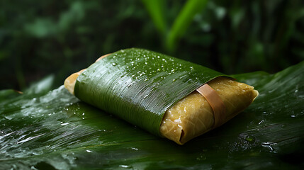 Delicious Tamale Wrapped in a Green Leaf on a Wet Surface Surrounded by Lush Foliage