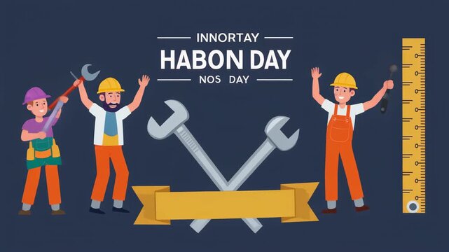 Cartoon illustration of three happy construction workers celebrating Labor Day with tools and a ruler.