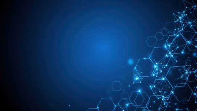 Digital network background with glowing hexagons and connected dots, futuristic blue - Powered by Adobe