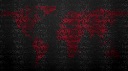 World Map Binary Code red pixels global digital network 3D animation for cybersecurity threat reports, international data breaches, and worldwide tech news backgrounds - Powered by Adobe