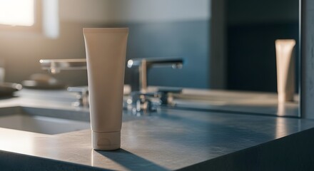 Elegant tube of moisturizing lotion on modern bathroom counter evokes clean beauty and self care, perfect for skincare ads and wellness campaigns