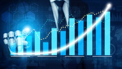 A businessman interacts with digital financial data, showcasing growth trends and analytics in a futuristic workspace. Ideal for technology and finance themes. Copula
