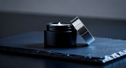 Luxurious dark cream jar with silver lid for beauty and skincare promotions, showcasing elegance and sophistication for cosmetic branding, modern style