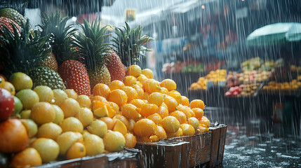 Rainy Market Scene Fresh Fruits and Produce Displayed in the Open Market