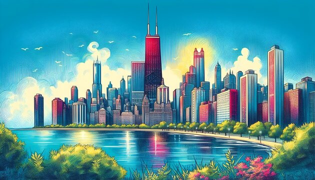  Illustration Drawing Famous Chicago City Urban Cityscape Skyscrapers Tall Skyline Buildings & Towers by Day. Lake Michigan & Downtown, Illinois USA. Lincoln Park Observatory River Essence Jazz Blues 