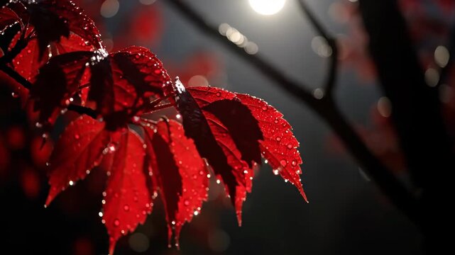 Red leaves with water droplets under a bright light source