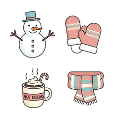 Winter Holiday Icons: Snowman, Mittens, Hot Cocoa, and Scarf