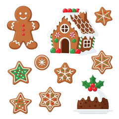 Festive Christmas Gingerbread House and Cookies Illustration