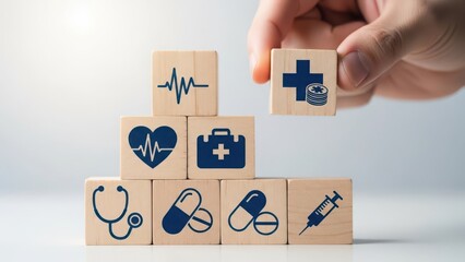 Hand placing medical health insurance icon block on stack of healthcare symbol blocks