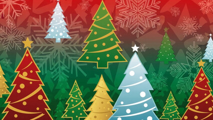 Festive graphic illustration of colorful stylized Christmas trees and snowflakes.