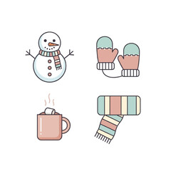 A charming set of four winter-themed icons: a snowman, warm mittens, hot cocoa, and a striped scarf.