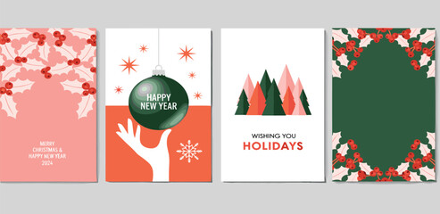A stylish set of modern holiday greeting card templates featuring minimalist graphic illustrations for Christmas and New Year celebrations