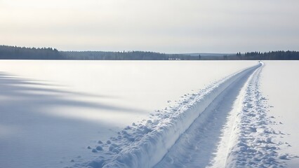 A pristine ski track cutting through an expansive, snow-covered winter landscape, leading towards a distant tree line under a bright, clear sky on a cold day