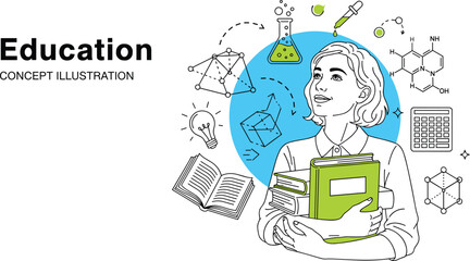Conceptual illustration of a young woman holding books, surrounded by scientific diagrams and educational symbols, representing the concept of learning and knowledge acquisition in education