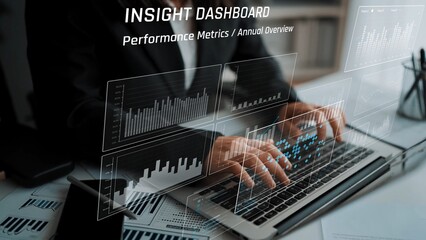 Business data analysis dashboard showing charts, statistics, and performance metrics for...