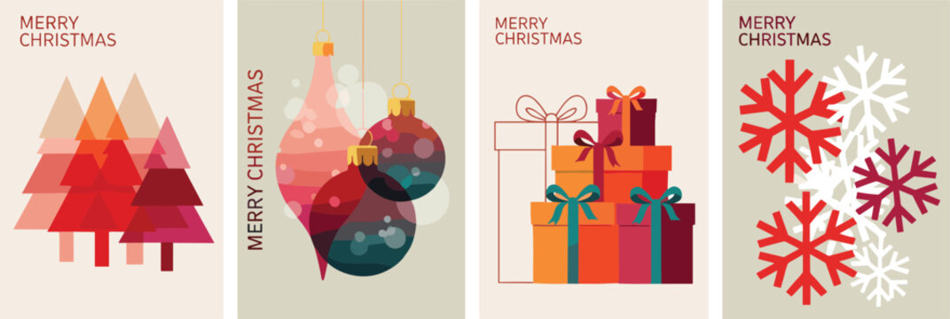 Festive Christmas Card Collection Elegant Designs Featuring Ornaments, Gifts, and Snowflakes