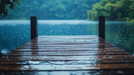 Rainy day scene of a wooden dock at the edge of a lake in a serene forest