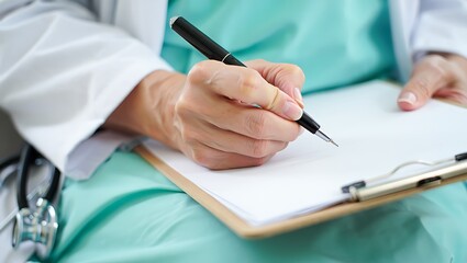 Doctor writing on clipboard in medical office for healthcare concept