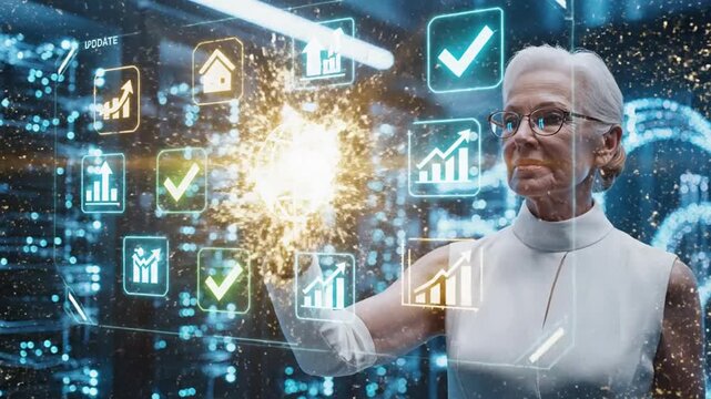 Dynamic businesswoman manages futuristic server data with modern interface for next generation technology solutions and cloud computing - Powered by Adobe