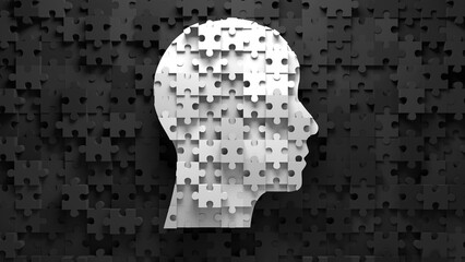 Human Head Puzzle Pieces Identity Concept solving mind complexity 3D illustration for mental health awareness, cognitive science research, and business problem-solving seminars