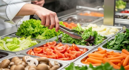 A person serving salad and vegetables at a buffet style restaurant