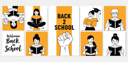 A collection of modern illustrations featuring diverse students reading books and studying for a new academic year